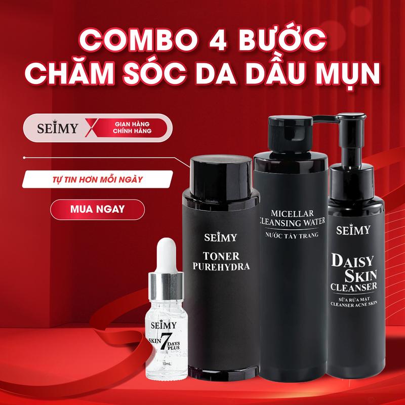  Combo Chăm Sóc Da Dầu Mụn Seimy 4 bước Nước Tẩy Trang Sữa Rửa Mặt Nước Hoa Hồng Serum Skin 7 Days 