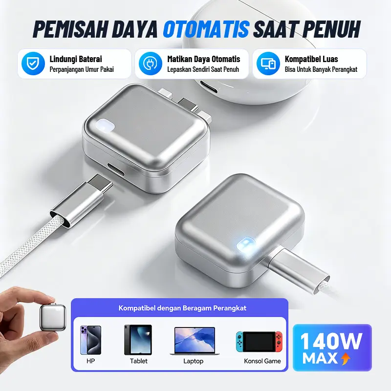 Pelindung Charger Type C Pemisah Arus Cerdas, Otomatis Putus Daya Ketika Baterai Terisi Penuh, Deteksi Daya Mati Otomatis