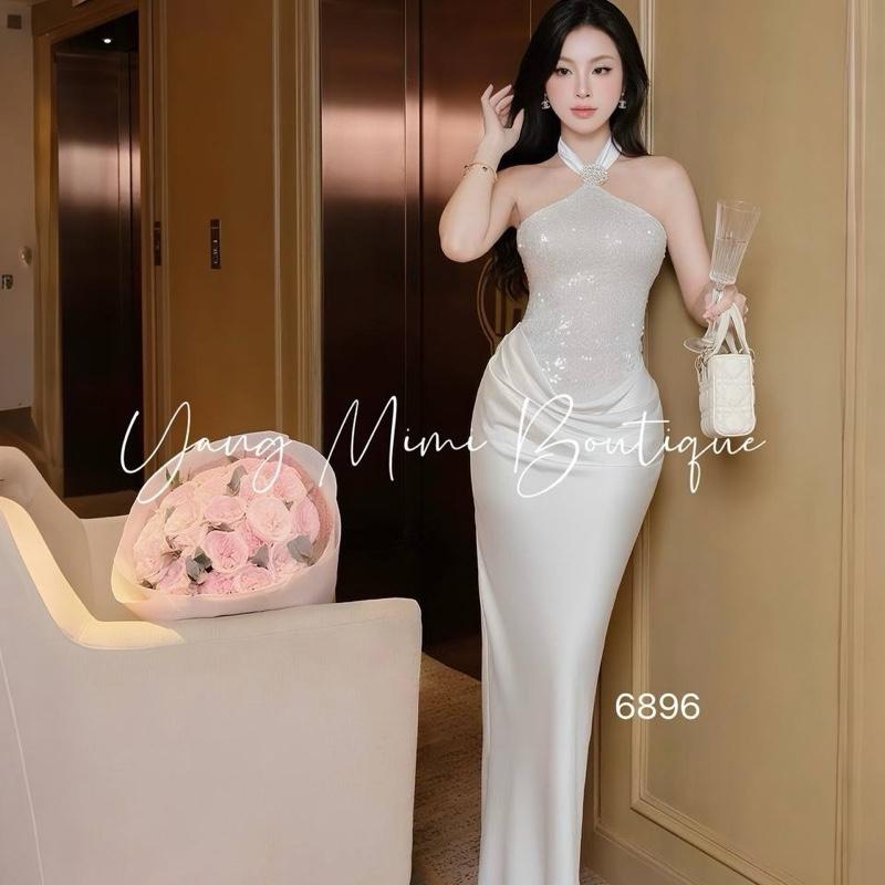  Đầm cổ yếm kim sa phối lụa nhún sang chảnh 