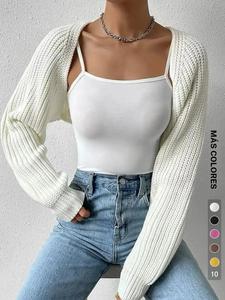 Cárdigan corto de manga raglán sólido para mujer sin camisola, prendas de punto de manga larga casual para primavera y otoño, ropa de mujer para uso diario