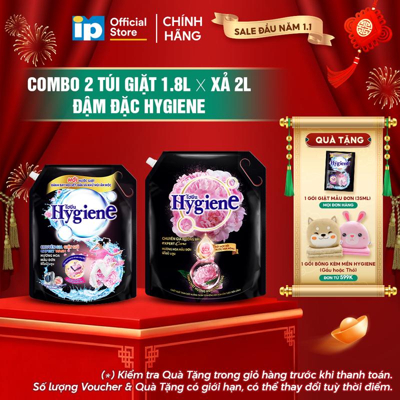 Combo Túi Nước giặt Đậm Đặc Hygiene 1.8L x Nước Xả Vải Đậm Đặc Hygiene 2L 2.2L - Hương Hoa Mẫu Đơn