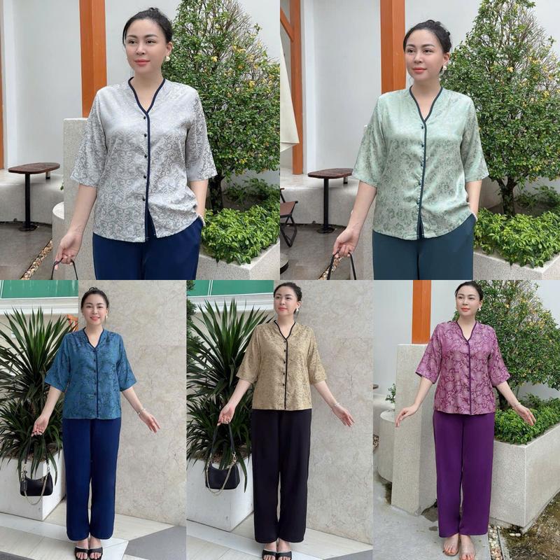 Set Bộ Xinh Cổ Tim Viền Kết Hợp Hàng Nút Cài Trước Tiện Lợi, Gấm 2 Da Phối Lụa Mango Mềm, Không Nhăn, Có Size, Bigsize, Quần Lưng Thun, Nữ Women, đồ bộ trung niên cho mẹ u40 sang chảnh, bộ trung niên cho mẹ, đồ bộ trung niên u50 cao cấp, u60, quần áo bà