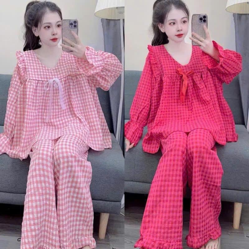 Set đồ bộ nữ babydoll kẻ caro dài tay bánh bèo, bộ đồ măc nhà kẻ caro tay dài quần dài tiểu thư bánh bèo kiểu dáng dễ