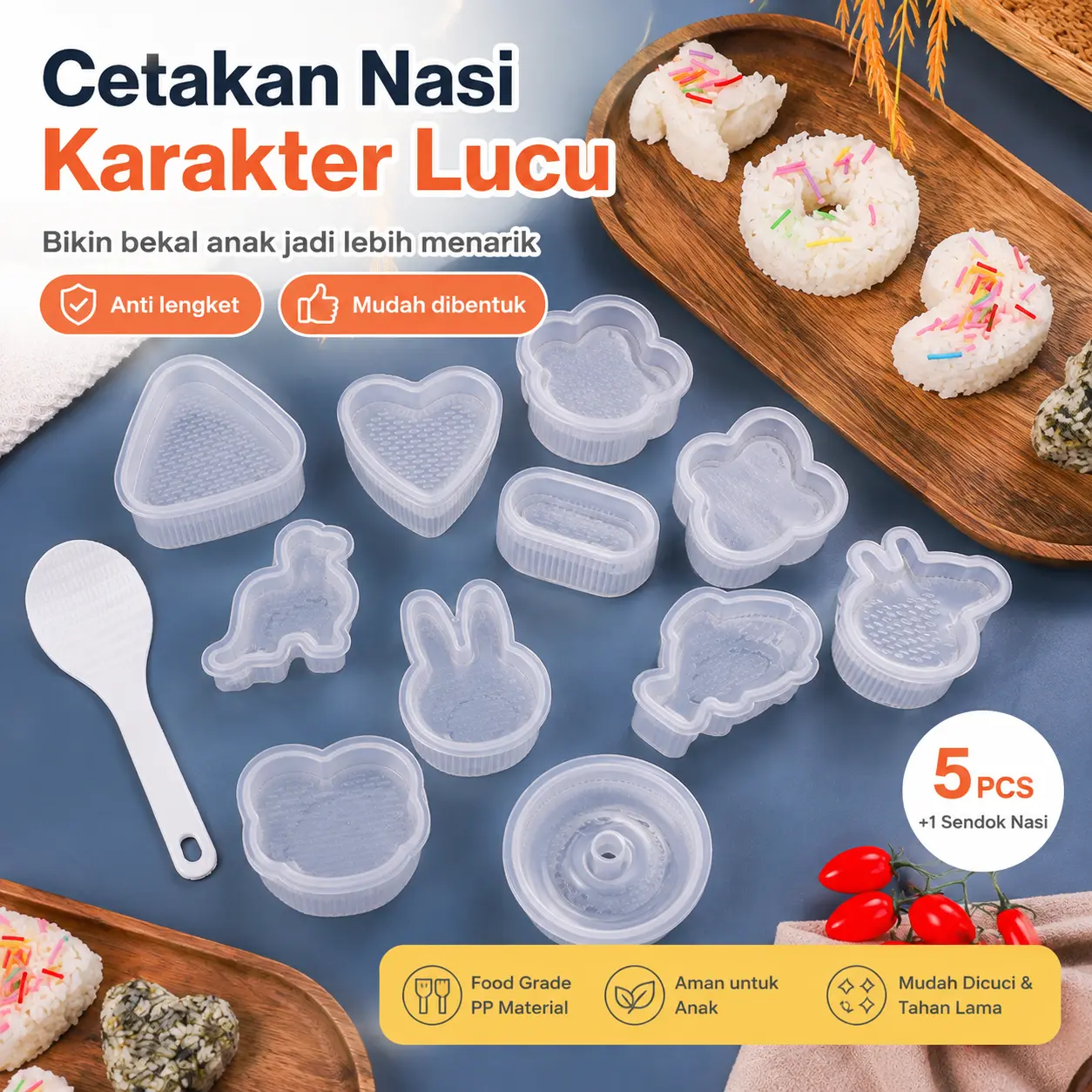 Set 5pcs Cetakan Nasi Karakter Transparan Lucu Cetakan Bento Cetakan Nori Cetakan Sushi Onigiri Anti Lengket untuk Anak Bekal Makan Siang Dapur Kreatif Praktis​