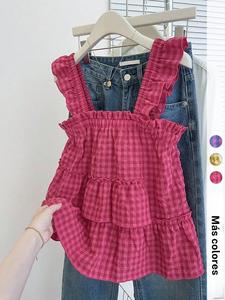 Camiseta sin mangas para mujer de verano, casual y linda para vacaciones, con dobladillo con volantes y escote cuadrado, ajuste holgado con patrón a cuadros, perfecta para días relajados