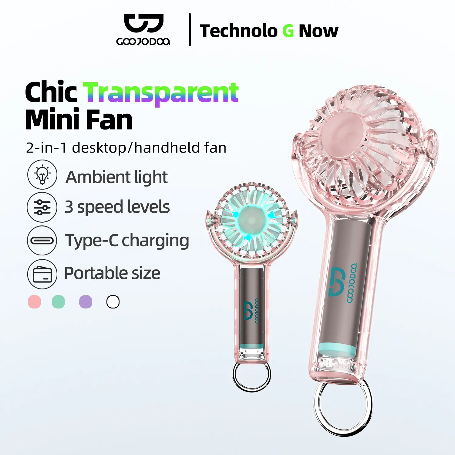 GOOJODOQ 360° Rotation Transparent Mini Handheld Fan | 1200 mAH Battery | Ambient Light with 3 Speed Rechargeable Portable USB Mini Cooling Kipas Kecil | Green Purple White Pink | Suitable for Camping Bedroom Baby Classroom Kelas Kerja Office