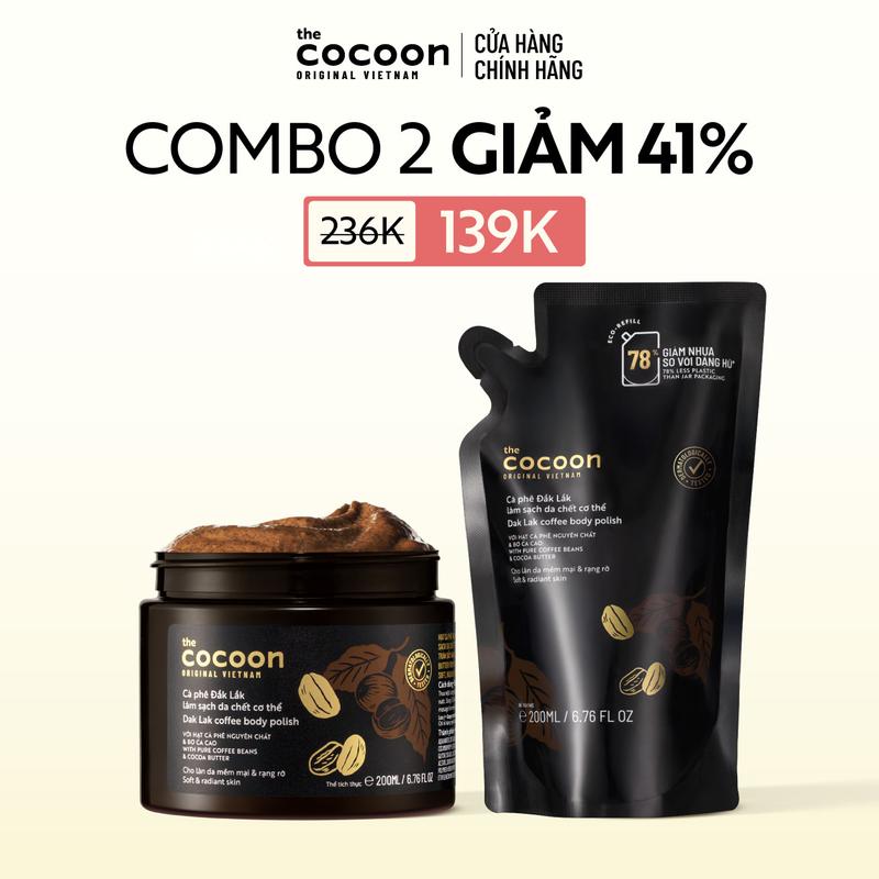 [MUA 2 GIẢM 41%] Combo 1 hũ Tẩy da chết cơ thể cà phê Đắk Lắk Cocoon cho làn da mềm mại và rạng rỡ 200ml + 1 Túi refill tẩy da chết cà phê 200ml