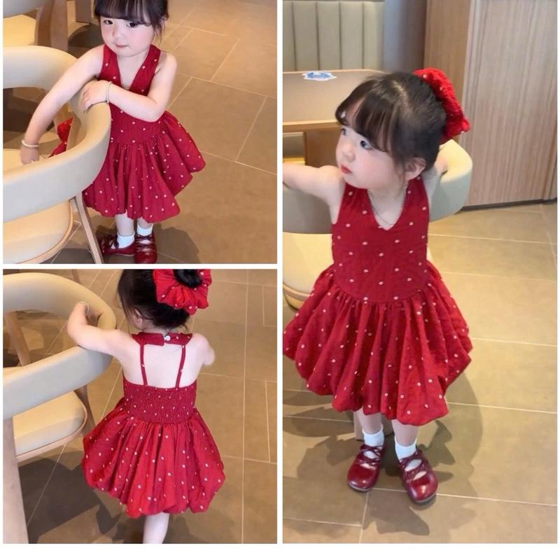 MỘC BABY STORE - Váy Bé Gái Màu Đỏ Trang Trí Bông Tặng Kèm Cột Tóc Đáng Yêu Cho Bé Gái 10-30kg