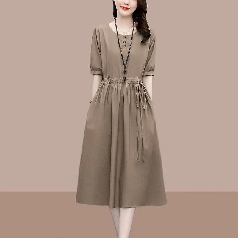 ZANA Cotton and Linen Dress for Women In 2023 Summer, New Style, Style, Waistline, A-line Skirt, Medium Length, Short Sleeved Dress