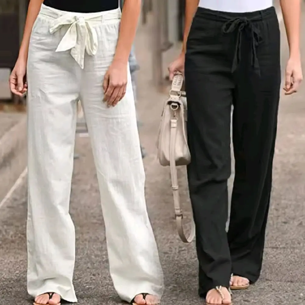 LINEN.ELITE Celana Panjang Wanita Katun Linen Celana Wanita Kulot Linen Tali Pinggang