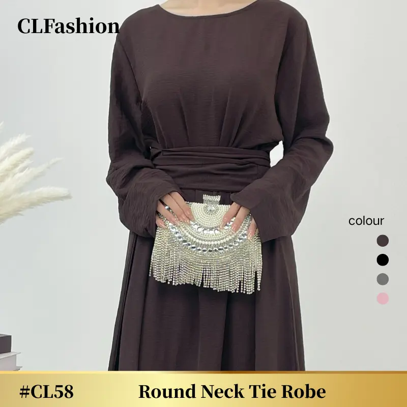 #CL58 Women's Solid Color Knot Front Abaya, Modest Round NeckLong Dress for Daily Wear, casual abaya