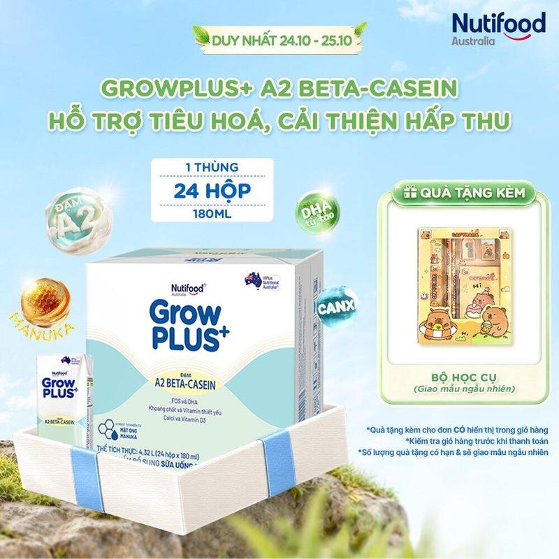 Thùng 24 hộp Sữa bột pha sẵn GrowPLUS+ A2 beta-casein Hộp 180ml