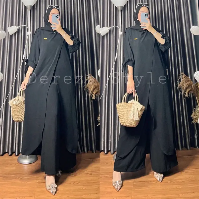 One set tunik dere - zaa style setelan baju dan celana cringkel air flow setelan polos two piece setelan wanita terbaru baju wanita Flare Sleeve Green 3