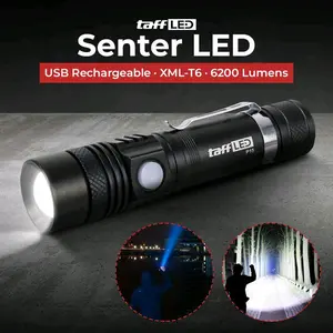 TaffLED Senter LED USB Rechargeable XML-T6 6200 Lumens 10W P15 Cahaya Super Terang Tahan Air Desain Tangguh dan Mudah Dibawa