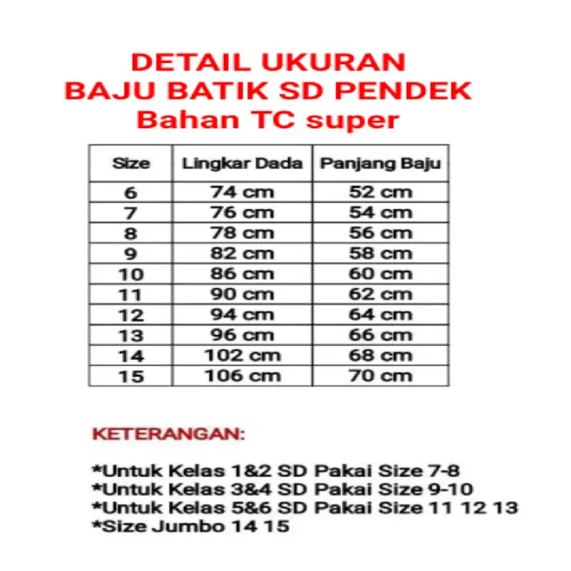 Baju Batik seragam sekolah SD lengan pendek size 7-17/Atasan seragam sekolah 1