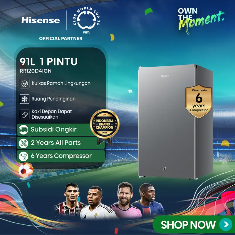 HISENSE-RR120D4IGN-Kulkas Kapasitas 91L-1 Pintu-Ramah Lingkungan-Ruang Pendinginan-Kaki Depan Dapat Disesuaikan-Compact Size-Seperate Chiller-2Liter Rak Muat Botol Ukuran 0