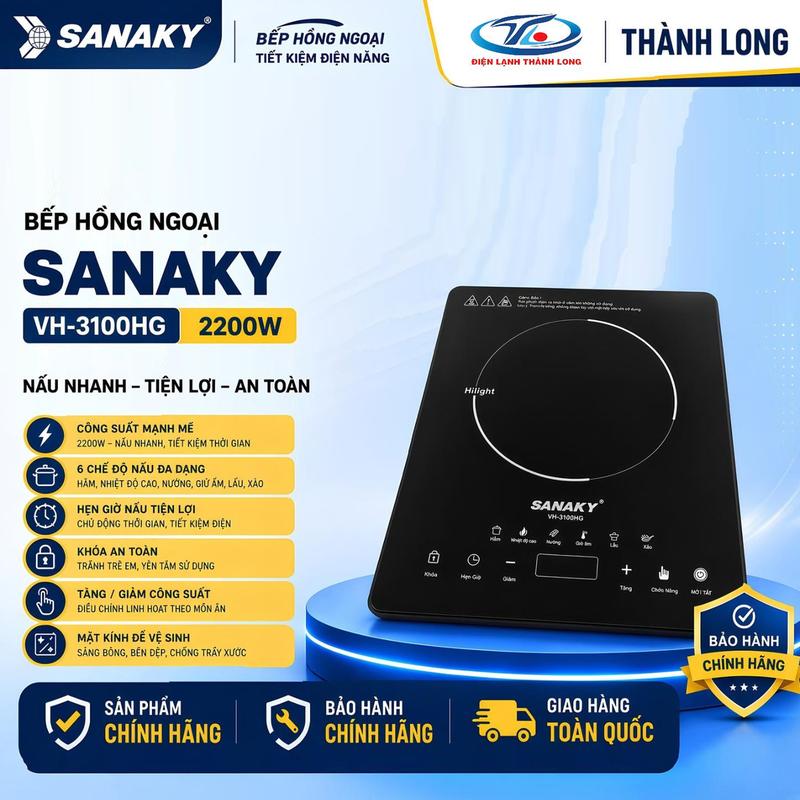 Sanaky Bếp Hồng Ngoại Đơn VH3100HG, 2200W, 6 Chế Độ Nấu, Mặt Kính Crystal, An Toàn, Tiện Lợi, Dễ Vệ Sinh, Kích Thước 280mm*360mm