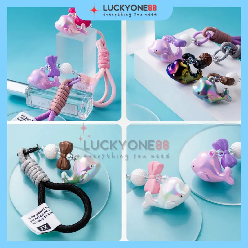 Gantungan kunci tali kain kepang paus kecil lucu warna-warni akrilik Tas Whale Resin Clay Bag Charm 2