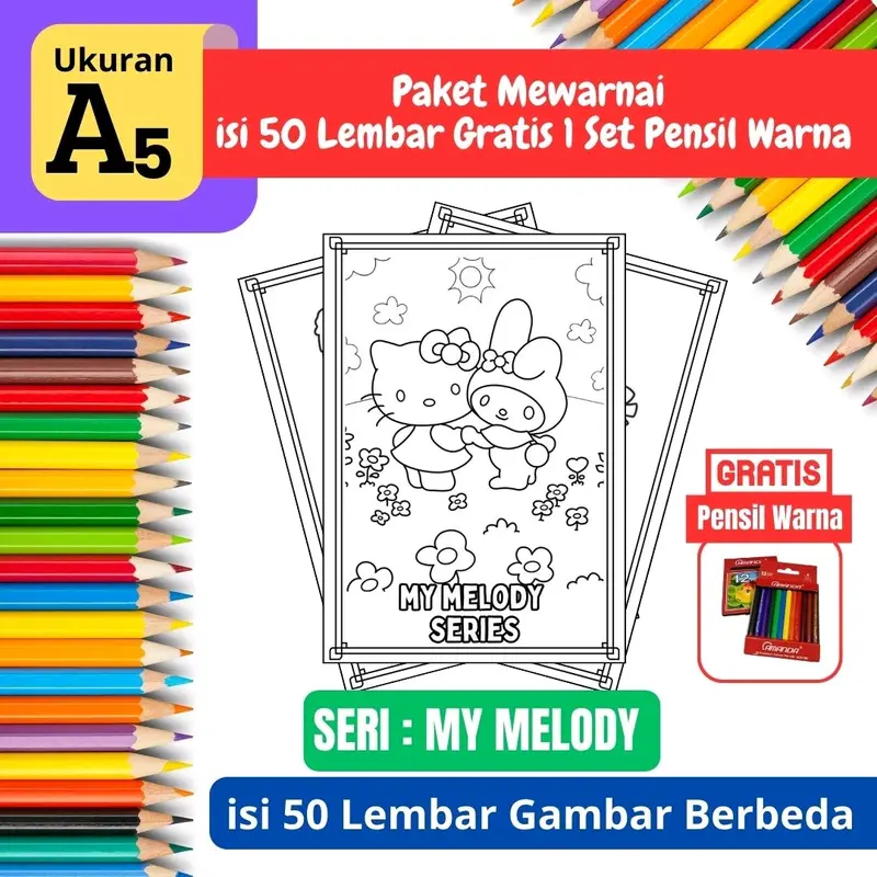 [ EDISI My Melody ] Promo Termurah Paket Mewarnai Gambar isi 50 lembar Gratis 1 Set Pensil Warna - A5 Tebal - Edisi My Melody 6