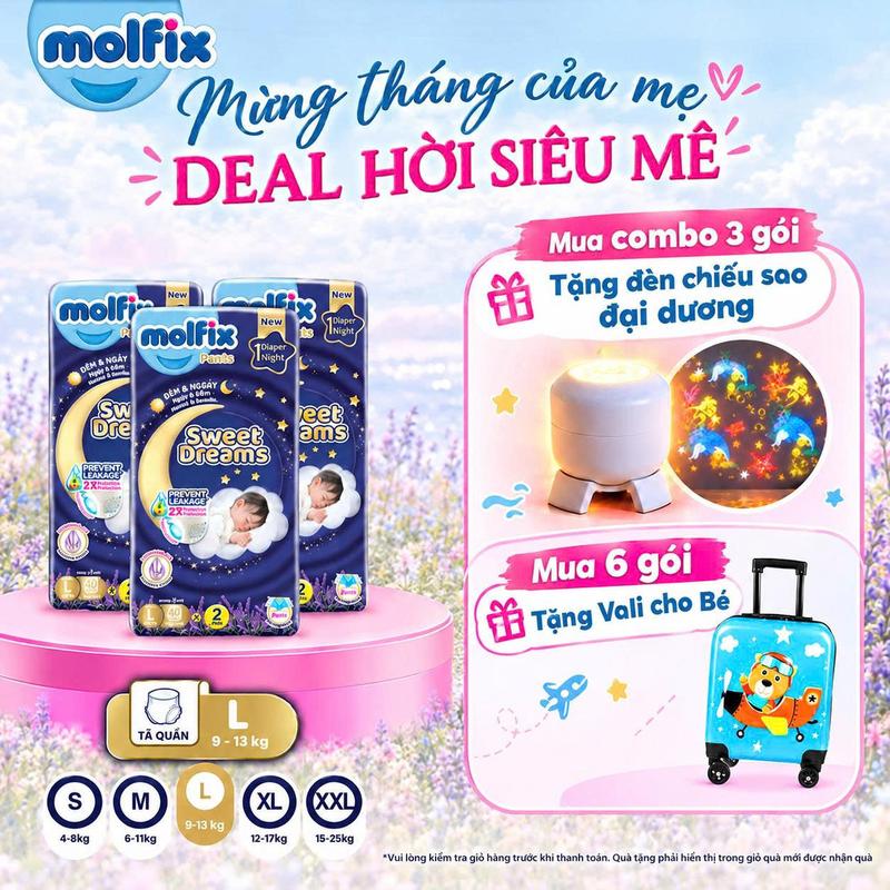 Combo 3 Tã quần ban đêm cho bé Molfix Sweet Dreams Jumbo CHỐNG TRÀN HIỆU QUẢ đủ các size