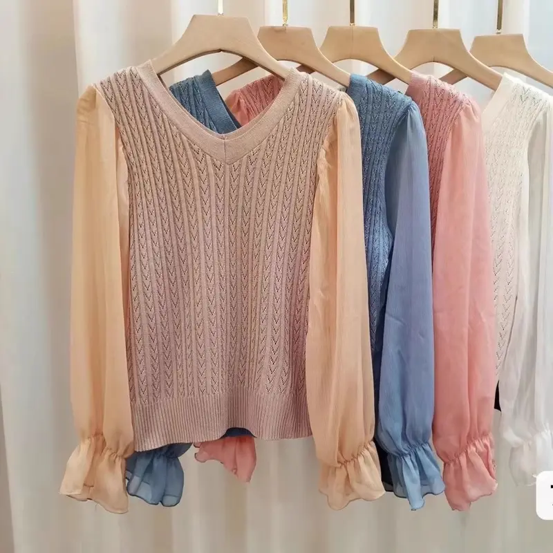 T Shirt Wanita Rajutan Chiffon Top Longgar Lentera Lengan Chiffon Dijahit Atas V-Neck cardigan  korea maudy  sweater 4