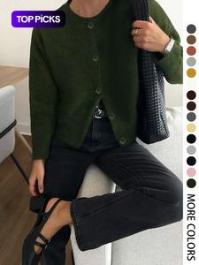 Cárdigan de punto casual para mujer de otoño invierno, suéter elegante de cuello redondo estilo vintage, estilo simple y desenfadado, suéter de manga larga