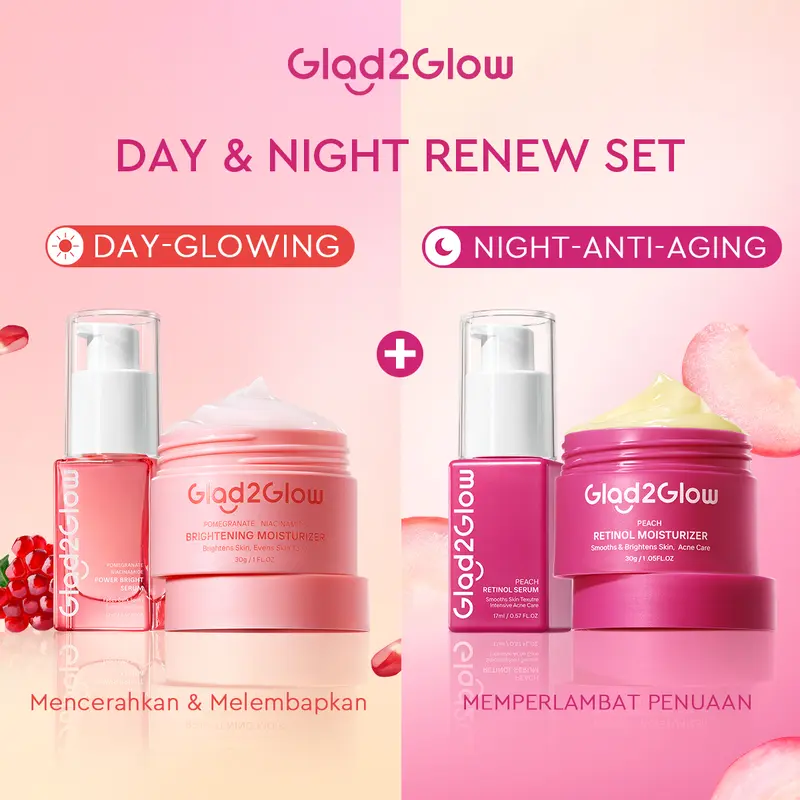 Glad2Glow Day&Night Renew Bundle 4in1 - 4 PCS Barrier Skincare Paket-Brightening Moisturizer+Retinol Moisturizer+Brightening serum + Peeling solution Ceramide Kering Membersihkan Wajah Acid Cooling Kotoran Mencerahkan Vitamin 7