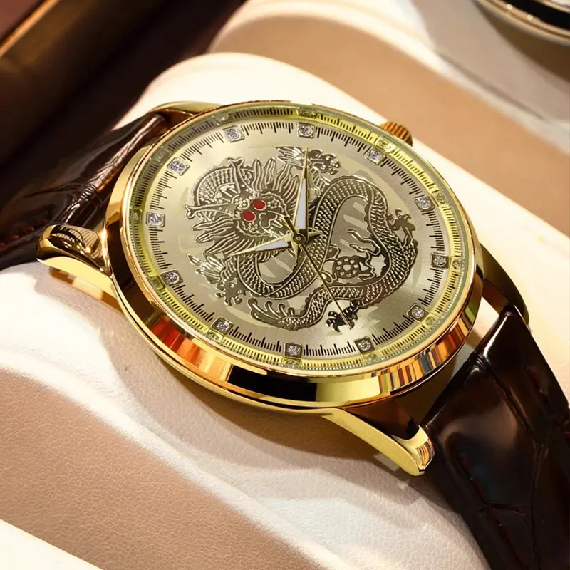 Fashion Business Men's Wristwatch Gold Dragon Dial Luxury Quartz Men's Watches - Brown