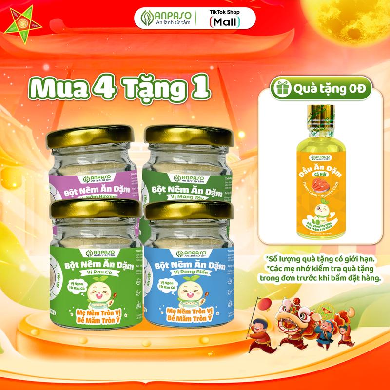 [KOC - MUA 4 TẶNG 1] Combo 4 Bột Nêm Anpaso Vị Rau Củ, Nấm Hương, Măng Tây, Rong Biển, Cà Rốt, Cải Bó Xôi 60g
