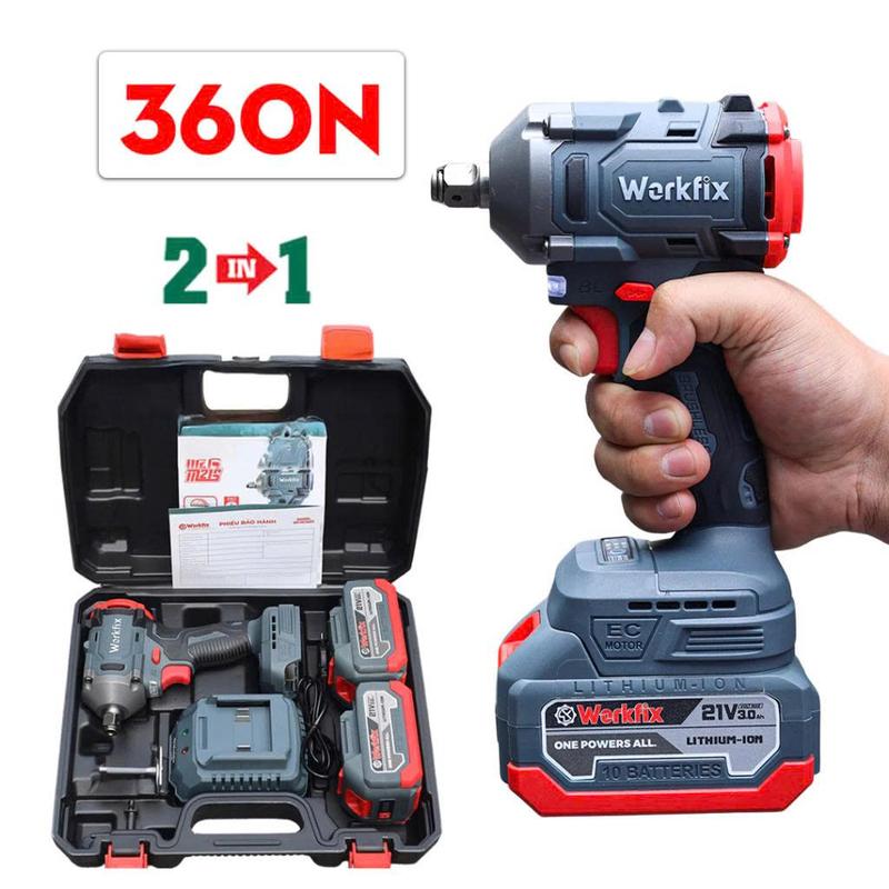 Máy Siết Bulong Workfix WF-IW360N Đa Năng 2 Trong 1 Lực Siết 360N.m Động Cơ Từ Lõi Đồng 2 Pin 21V/3Ah Bảo Hành 6 Tháng KhoanPinWorkfix MayKhoanPin