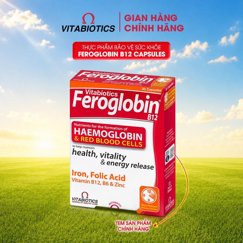 TPBVSK Vitabiotics FEROGLOBIN B12 Capsules bổ sung sắt, kẽm, axit folic, vitamin B6, vitamin B12, đồng, hỗ trợ tăng khả năng tạo máu, tăng cường sức khỏe, nâng cao sức đề kháng (30 viên)