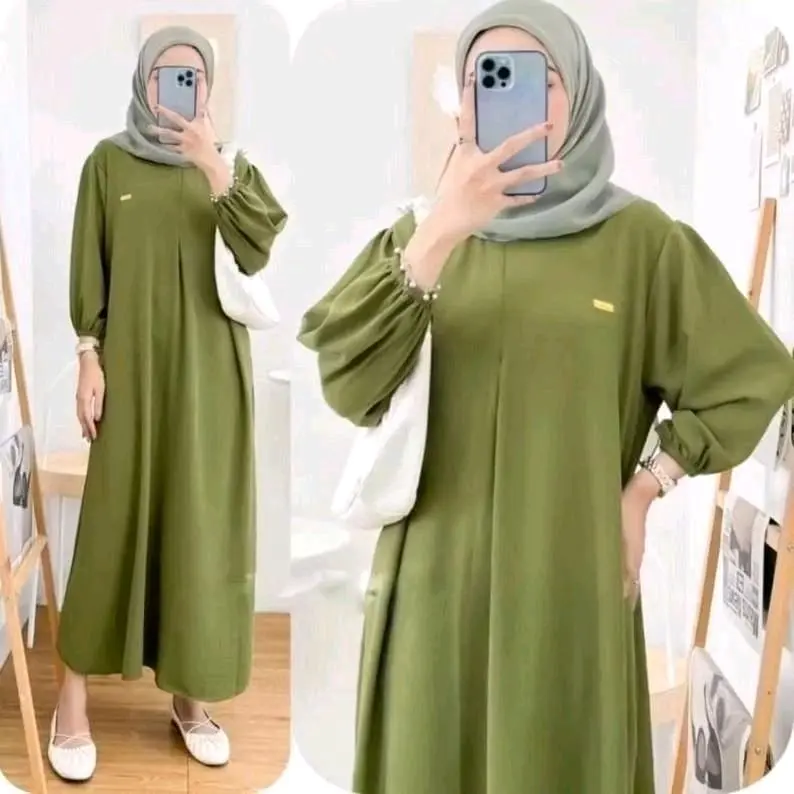 [BUNDLE 3 PCS] Amanda Midi Dress Crinkle Airflow Premium Lengan Panjang Karet - Wanita 3