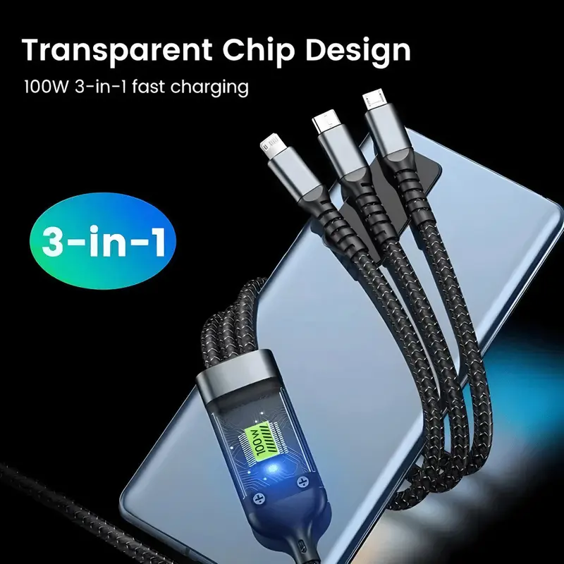 Kabel Data 3 IN 1 100W Fast Charging Cable Lightning Type C USB Micro For iPhone 15 Samsung Xiaomi OPPO VIVO Pilot Lamp Digital Screen Charger 2