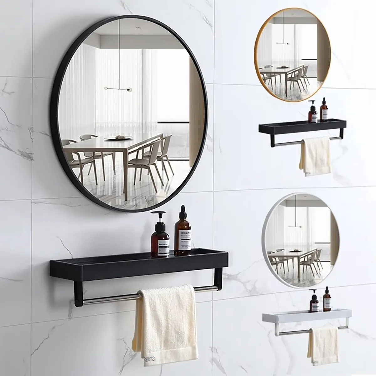 Metal simple bathroom mirror bathroom round mirror punch-free wall-mounted makeup mirror glass