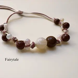 Gelang bracelet brown n cream manik marmer dengan tali 3 lapis | gelang bracelet aestetic|tema kekinian|