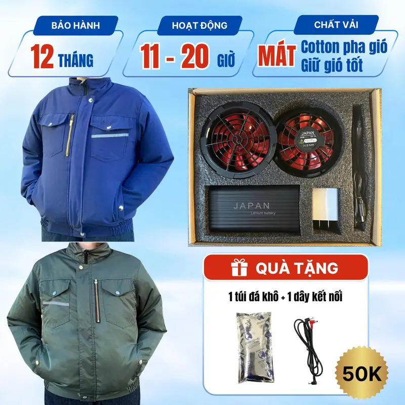 [2 ÁO + 1 BỘ PHỤ KIỆN JAPAN] Combo Áo nắng Điều hòa 2025, Áo quạt gió điều hòa  Pin dung lượng cao sử dụng lên tới 18 tiếng, làm mát, bảo vệ sức khỏe nam,nữ người lao động ngoài trời nắng nóng. 0