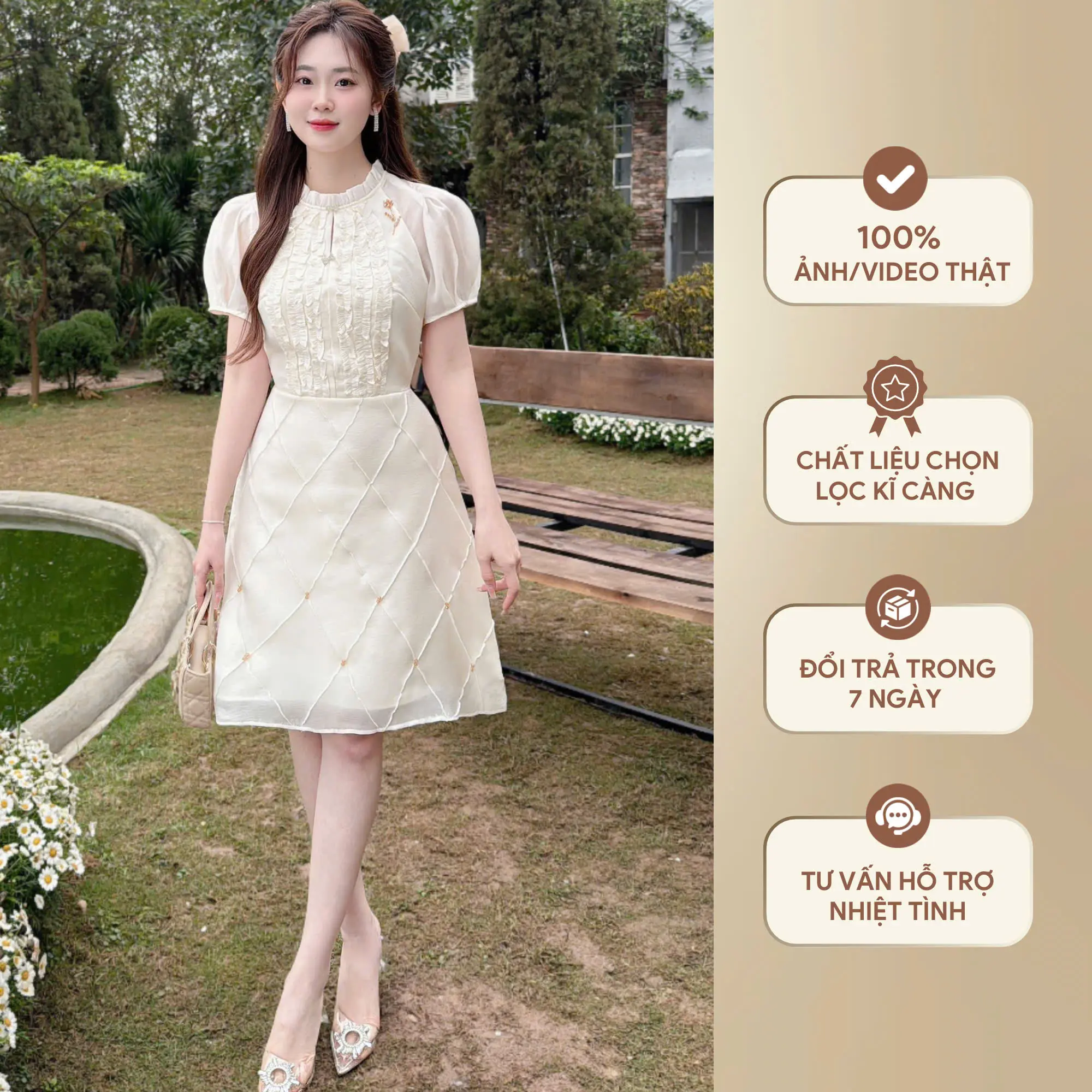 RC736 SẴN Váy thiết kế chất liệu vải tafta phối tơ, ĐI TIỆC ĐI LÀM tông màu kem sang trọng DRESS/WOMEN