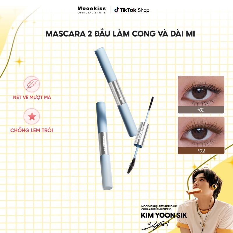 Mascara hai đầu Mooekiss, một đầu giúp mi dày, một đầu giúp mi dài tự nhiên, giữ độ cong lâu, không lem, phù hợp cho người mới bắt đầu 3.5g+3g