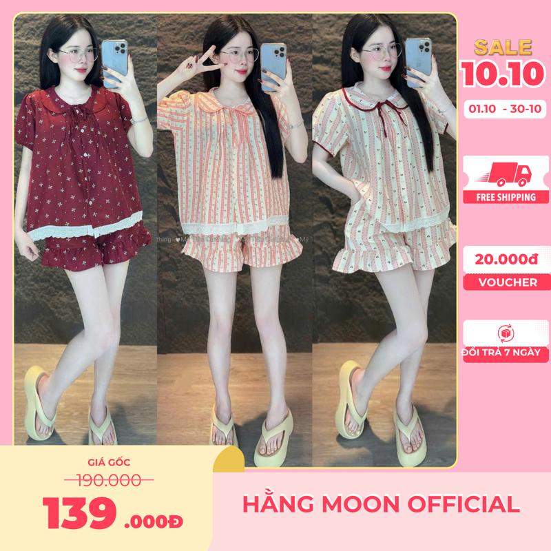 [Form 45 - 85KG] Đồ Bộ Mặc Nhà, Set Bộ Nữ Áo Cộc Tay Cổ Nơ Phối Họa Tiết Mix Quần Đùi Mặc Nhà Siêu Xinh BigSize HẰNG MOON