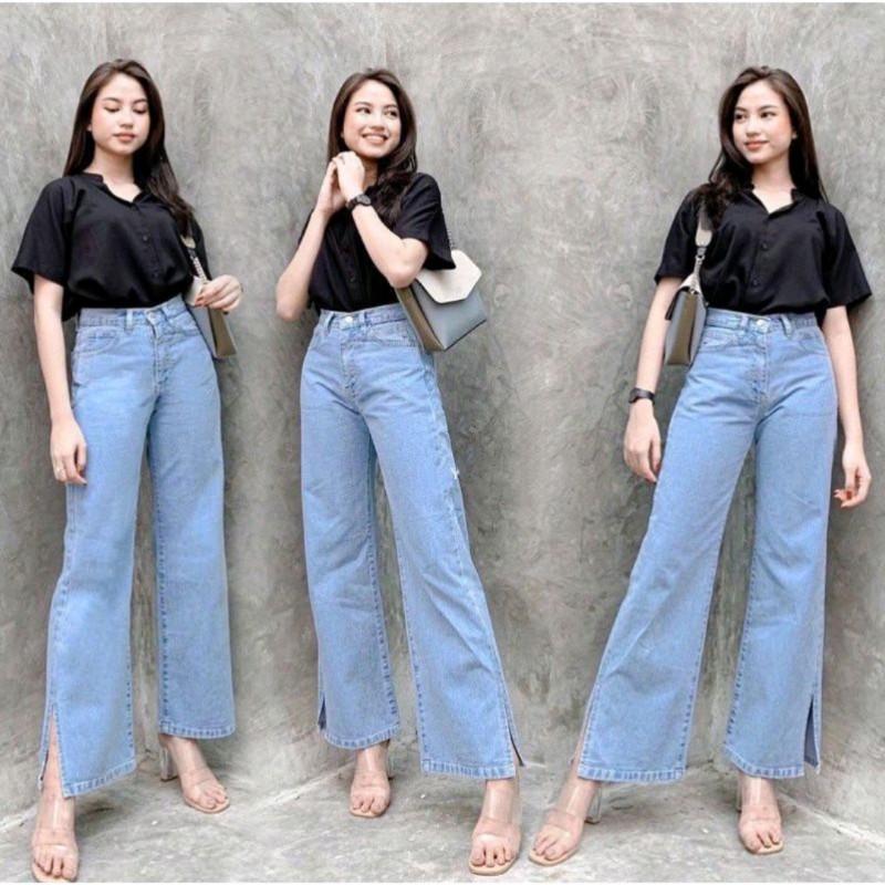 Kulot Jeans Belah Samping Kulot Jeans Highwaist Eony Boyfriend Kantong Karet Celana Panjang Baggy 4