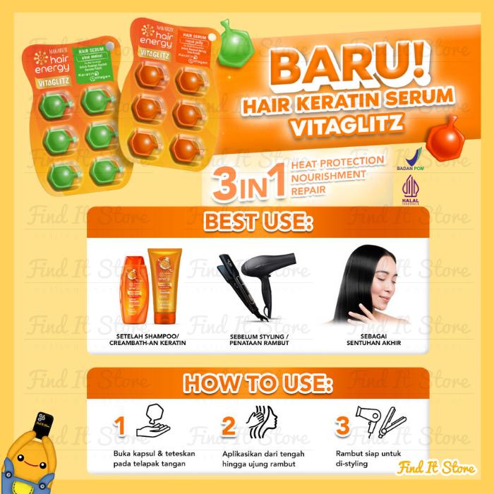 Find it Store - Makarizo Hair Energy VITAGLITZ Hair Keratin Serum ROYAL JELLY | ALOE MELON 6 x 1 mL | NEW 20x1ml | Hair Serum / Serum Rambut / Vitamin Rambut / Serum Perawatan Rontok Treatment Berminyak Catokan Haircare Kering 3