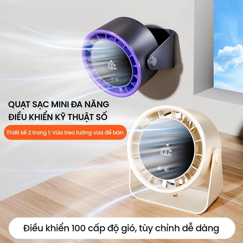   S15  - Quạt Sạc Mini Đa Năng Điều Khiển Kỹ Thuật Số 100 Cấp Độ Gió Để Bàn Treo Tường Pin Trâu 