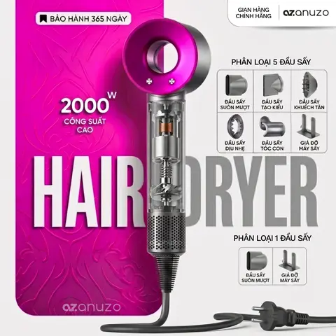 Máy Sấy tóc ANUZO 2200W công nghệ Ion âm 2 chiều giảm hư tổn nhiều chế độ sấy giữ ẩm bảo vệ tóc