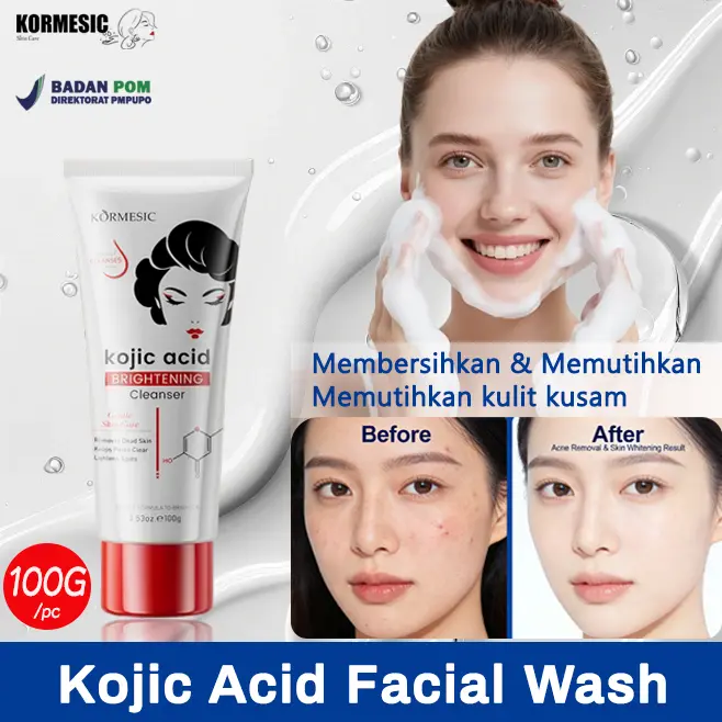 KORMESIC Kojic Acid Brightening Cleanser 100g-Pembersih Wajah Anti-Kusam & Noda Hitam, Mencerahkan dan memutihkan, Aroma Menyegarkan,Semua Jenis Kulit