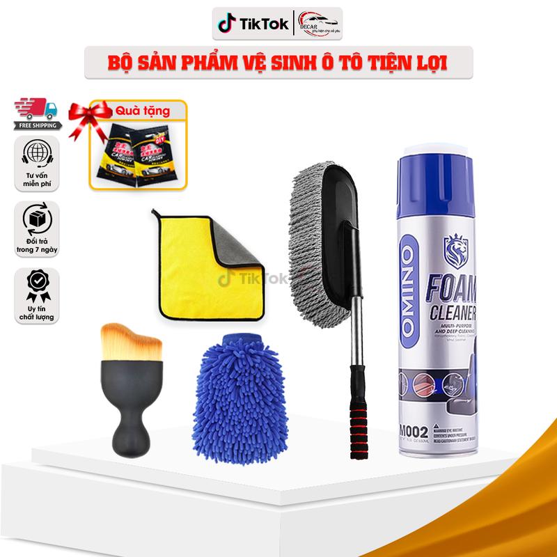 [COMBO VỆ SINH XE] Bộ dụng cụ vệ sinh xe chăm sóc ô tô, xe máy chuyên dụng tại nhà bộ đồ vệ sinh rửa xe hơi oto gồm khăn lau xe, chổi lau bụi rửa xe, bao găng tay Lau Xe, Bình Xịt Tẩy Đa Năng Dạng Bọt M002 OMINO 650ml  Phụ Kiện cọ  rửa