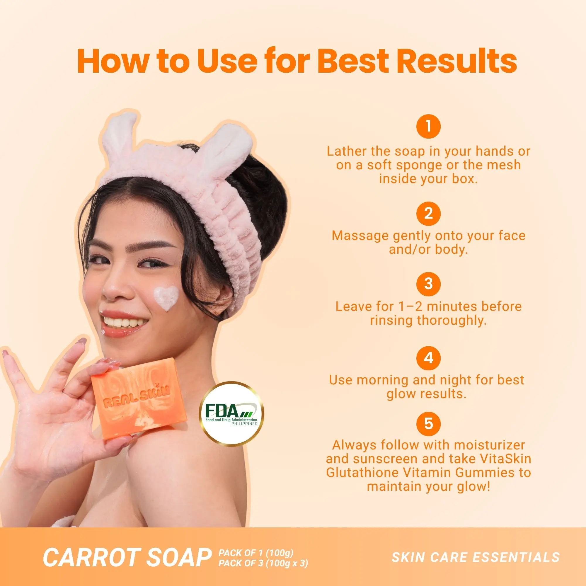 Real Skin Carrot Soap - Whitening, Nourishing and Moisturizing Soap with  Arbutin, Glycerin, Natural Sugar Exfoliant and