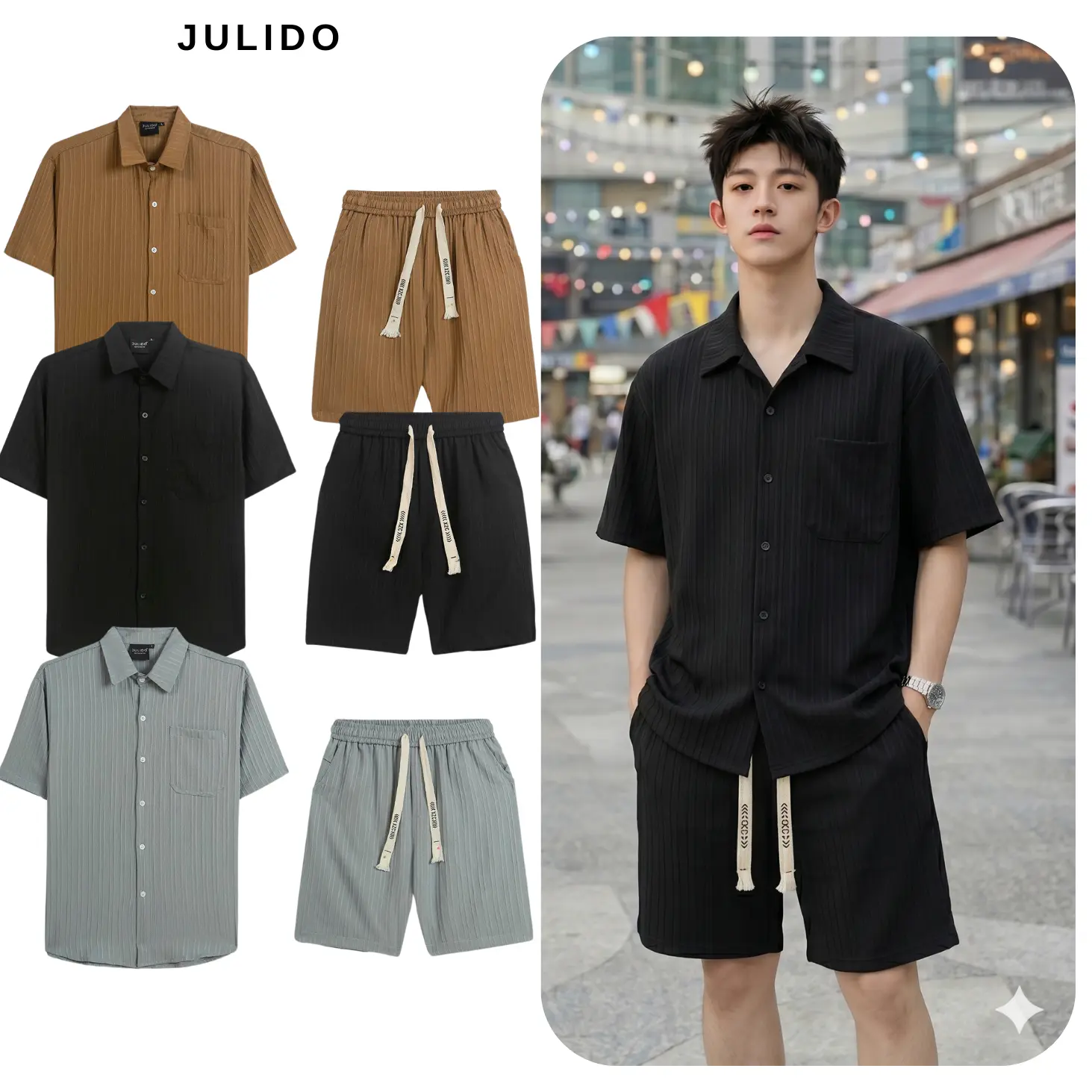 Bộ đũi nam( áo+ quần short) chất liệu đũi thoáng mát ba màu Tay ngắn Menswear