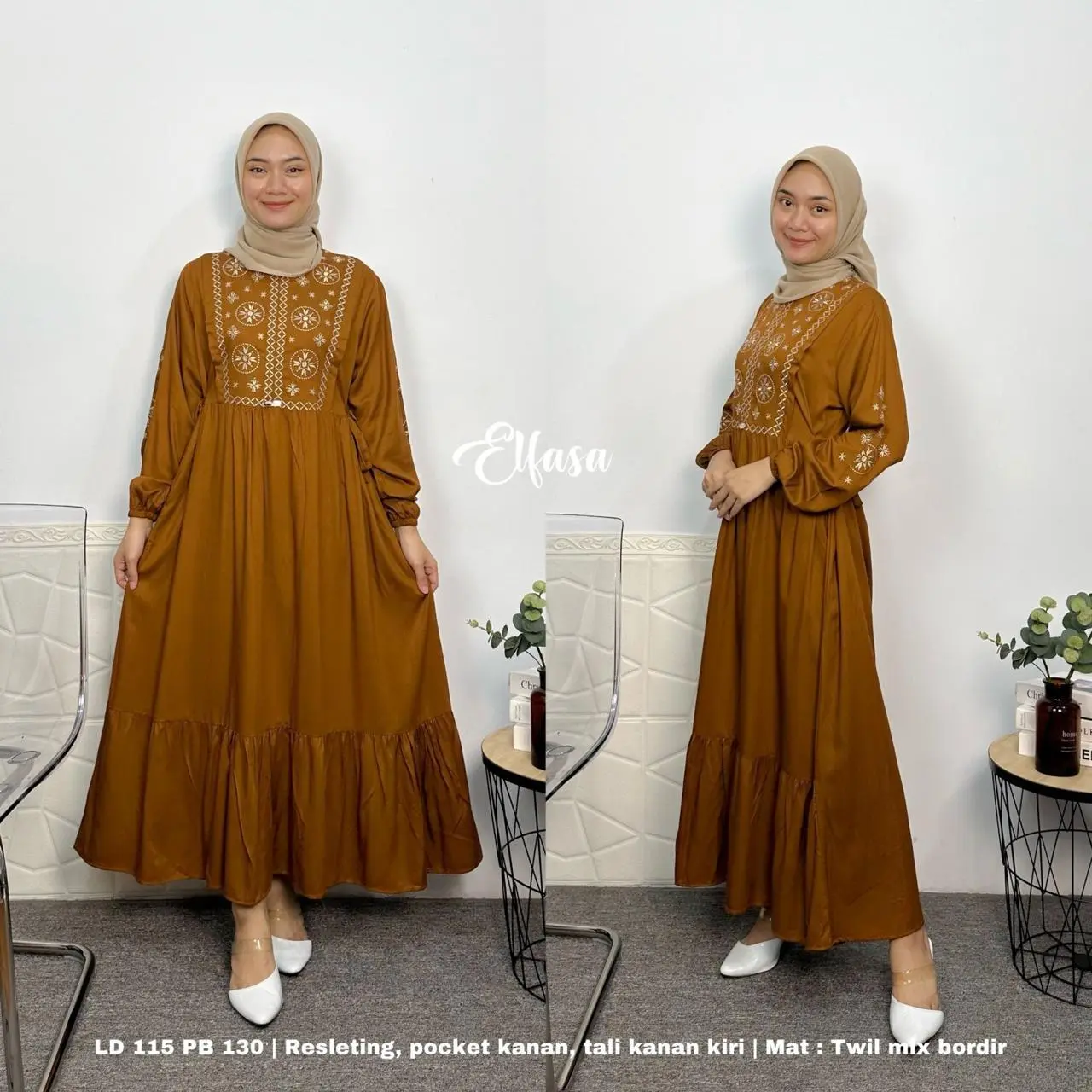 Elfasa midi livi rayon twill premium mix bordir midi kekinian yang paling banyak dicari Dress Muslim Wanita Dewasa Gamis Remaja Hanya Boleh Dicuci Dengan Tangan Brown Maxi Pesta Syari cocok buat lebaran Kondangan Simple Mewah gamis  resleting