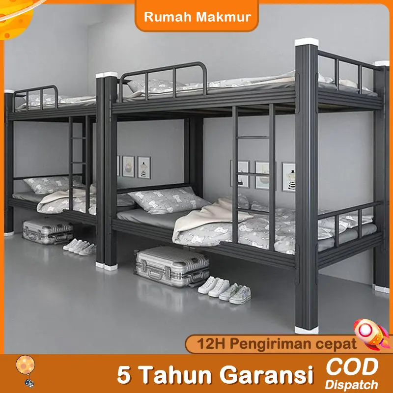 RM-1 Ranjang Susun Besi Tempat Tidur Bertingkat 2 Susun Untuk Semua Umur Anak Remaja Dewasa Model Minimalis Ranjang Besi Tingkat Untuk Kos Kosan Asrama Sekolah Rumah Tinggal Apartemen Kamar Kecil Dengan Tangga dan Pagar Pengaman