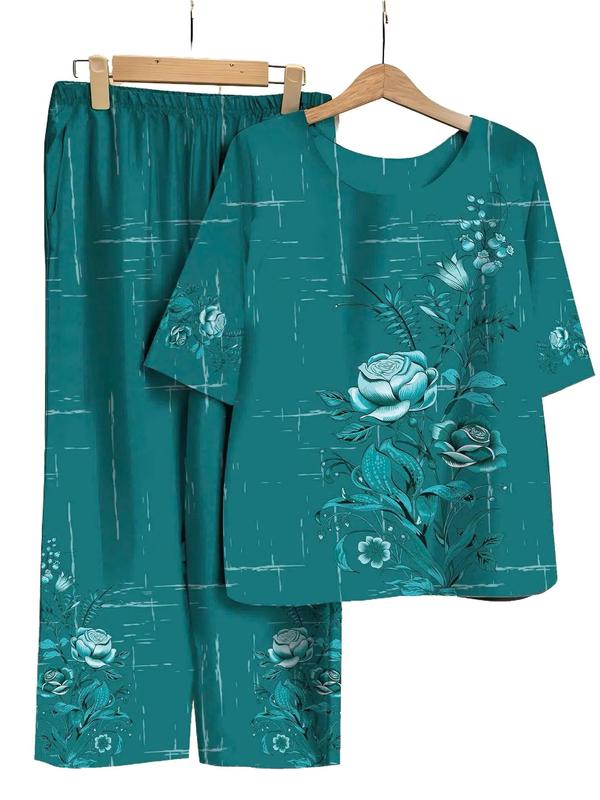 Bộ đồ lụa in hoa trung tuổi nữ mặc nhà nhiều màu nhiều họa tiết nổi bật Nữ Women Voi Áo Top Polo Sen Kem Hoa Sen Quần Ngủ Áo ngủ Pijama